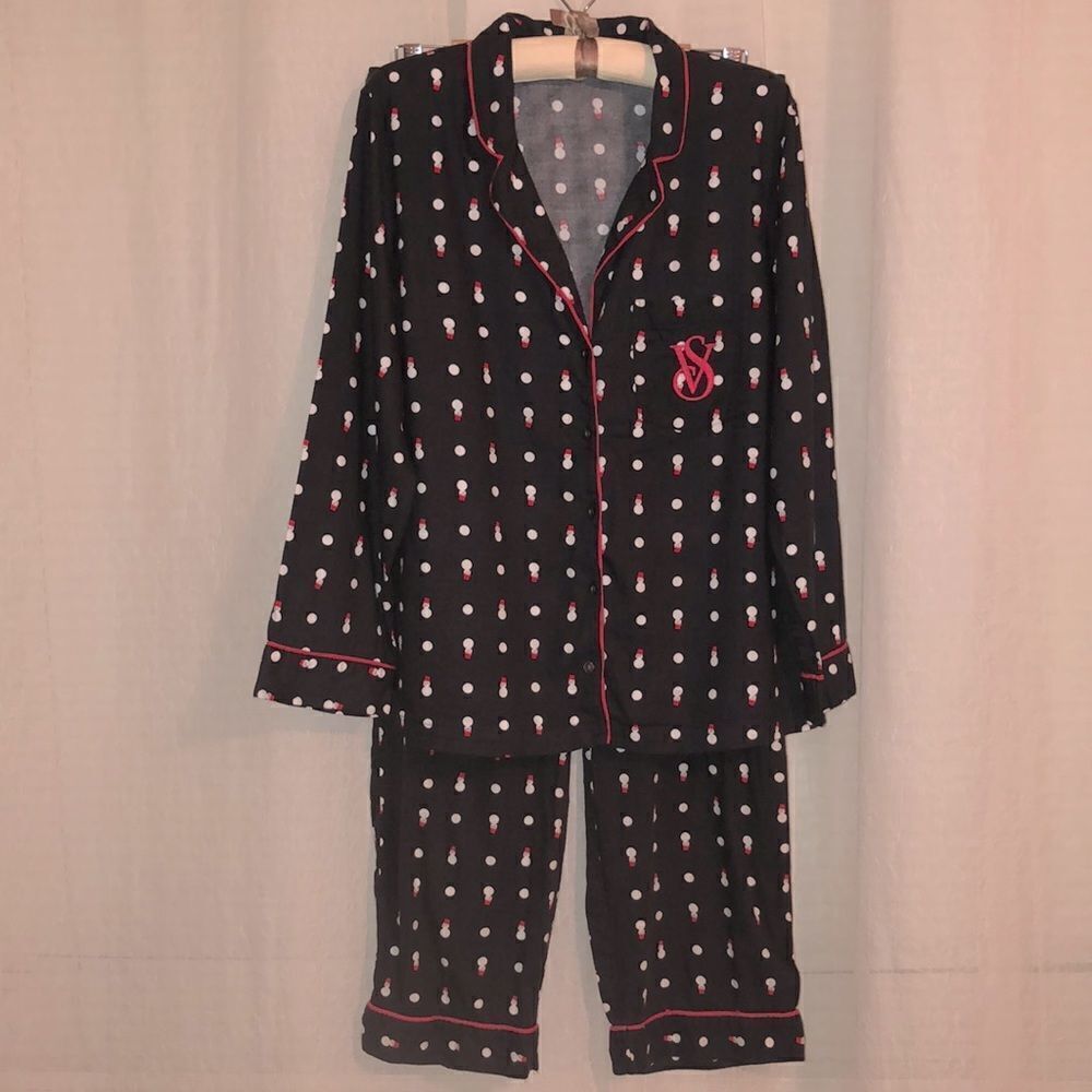 VS M Christmas Snowman Snowball Flannel Button Up Long Sleeve Pajama Set